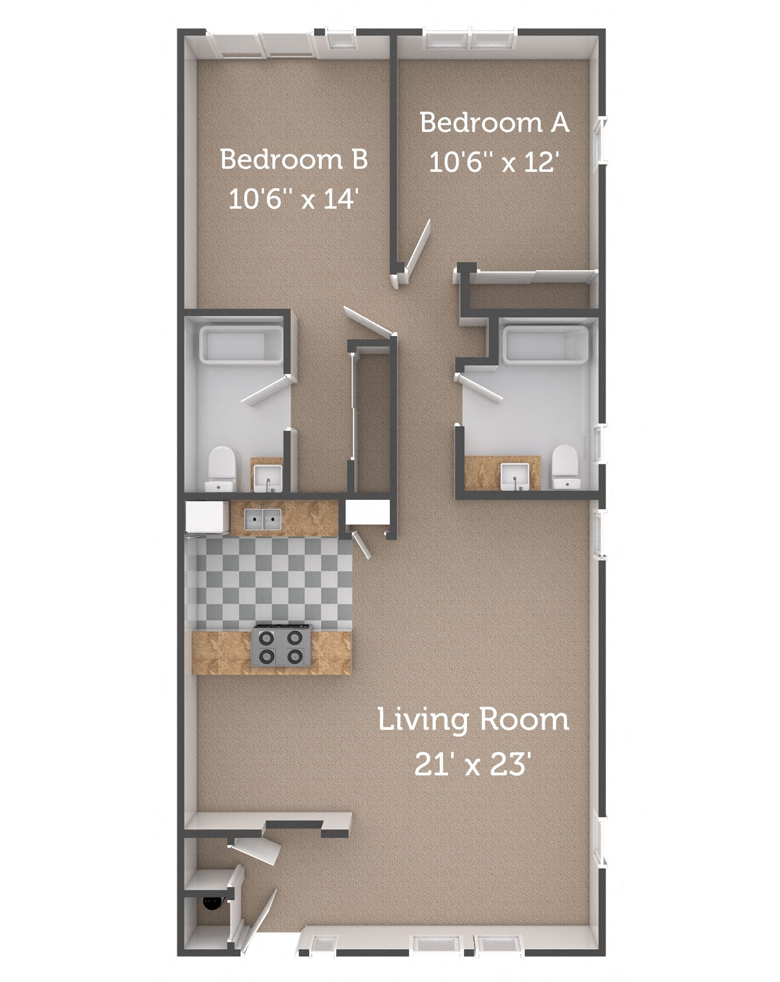 Floor plan for 2 beds, 2 baths, 1056 sqft